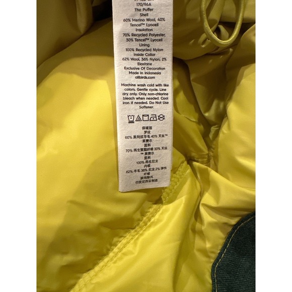 New Allbirds Mens L Trino Puffer Jacket Forest Green Yellow Full Zip Warm Coat - Picture 6 of 6